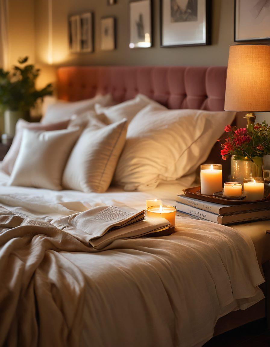 A serene and inviting bedroom setting with soft, warm lighting, featuring sensuous textures like silk sheets and plush pillows. Include subtle accents of intimacy, such as a candle duo and a cozy blanket, to evoke feelings of romance and relaxation. In the background, hint at a bookshelf filled with wellness books on sexual health and relationships. Create an atmosphere that encourages exploration and connection. soft focus. vibrant colors. warm ambiance.