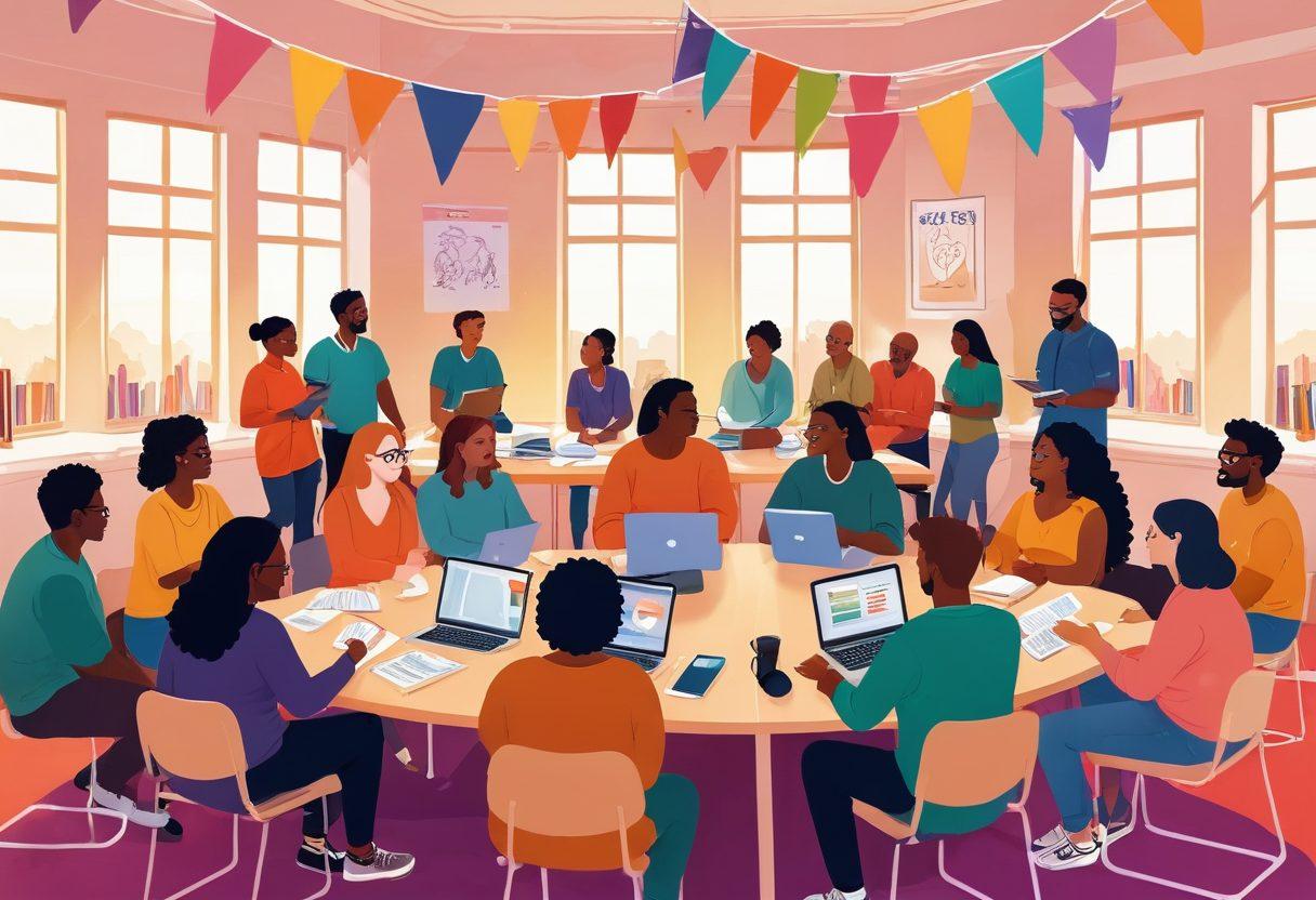 A vibrant, illustrated scene depicting a diverse group of people engaged in open discussions in a cozy, inviting forum space. Include symbols of sex positivity like rainbow flags and heart motifs, with books and laptops scattered around, suggesting a shared quest for knowledge. Soft lighting creates a warm atmosphere, promoting inclusivity and acceptance. Diverse body types and backgrounds convey unity and support. vector art. vibrant colors. warm lighting.